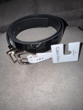 Calvin Klein Black faux Patent leather Belt with Shiny Silver Buckle large